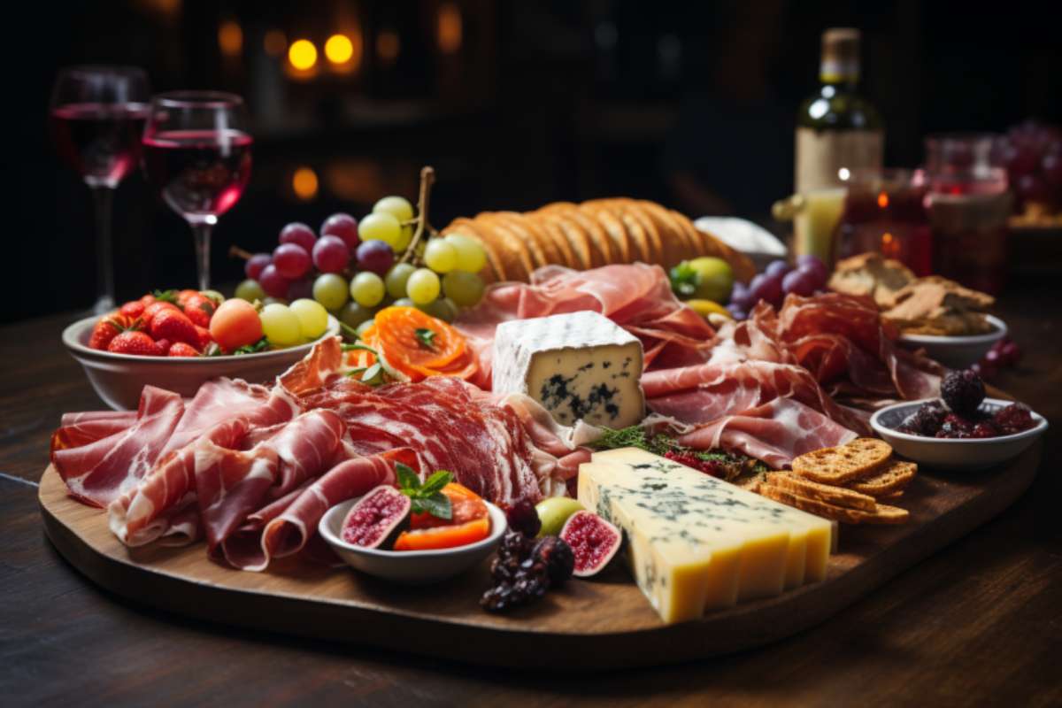 tábua com diversos tipos de presunto acompanhados de queijo e uvas