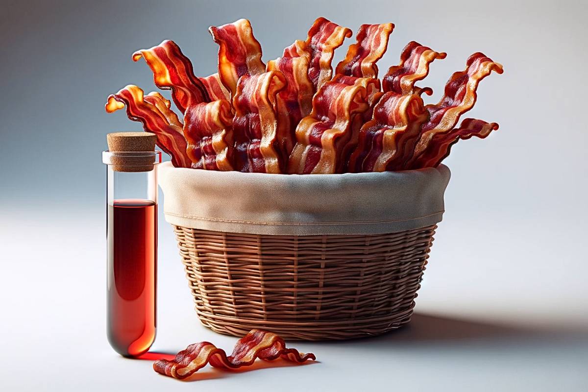 Cesta com banner frito e crocante e ao lado, um tubo de ensaio onde estaria a essência do aroma idêntico ao natural de bacon