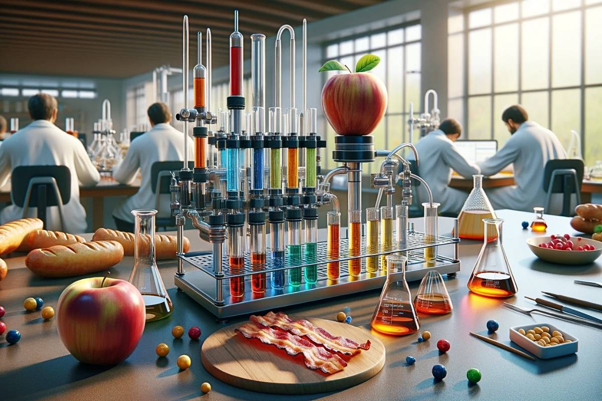 Cientista em laboratório analisando produtos naturais e uma mesa com maça, pão, uvas e diversos tubos de ensaio coloridos.
